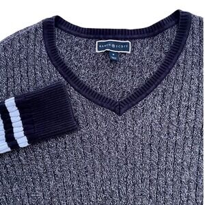 Karen Scott V-Neck Striped Cuff Sweater Blue Ribbed Knit Cotton Blend Top Size M